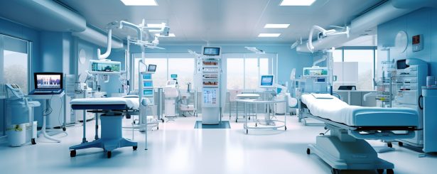 Interior of modern emergency room with empty nurses station, Generative AI